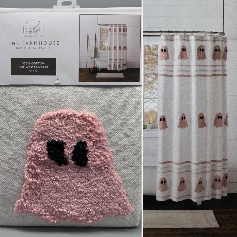 Rachel Ashwell Halloween Cream Pink Tufted GHOST Shower Curtain Stripes Cotton